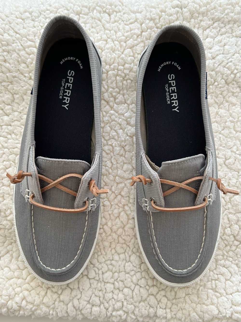 Sperry Gray Canvas Moccasin Boat Shoes with Tan Laces